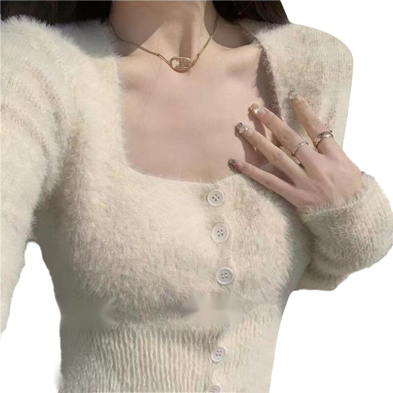 Női, hosszú ujjú, szexi négyszögletes nyakú, szőrös kötött, vágott kardigán, egysoros, alkalmi testreszabott pulóver Crop felső