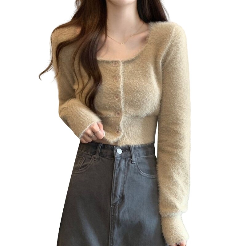 Női, hosszú ujjú, szexi négyszögletes nyakú, szőrös kötött, vágott kardigán, egysoros, alkalmi testreszabott pulóver Crop felső