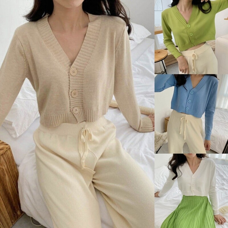 Sieviešu džemperis ar garām piedurknēm Candy krāsas džemperis ar V veida kakla izgriezumu, apgriezts adījums Ja Dropship