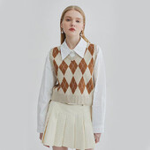 Retro Argyle mintás női pulóver mellény Harajuku őszi V nyakú Preppy ujjatlan pulóver, meleg All Match kötött növényi pulóver