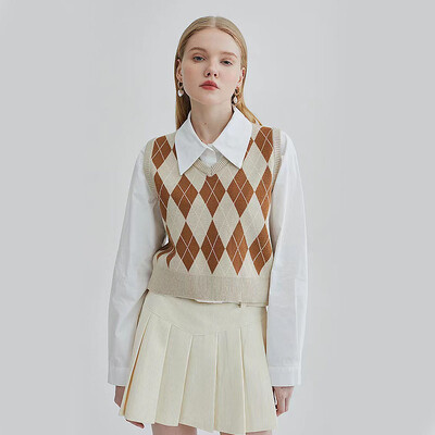 Pulover pentru femei, model retro Argyle, vestă Harajuku, toamnă, cu decolteu în V, pulover fără mâneci, cald, toate se potrivesc Pulover crop tricotat