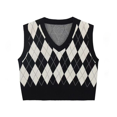 Retro Argyle mintás női pulóver mellény Harajuku őszi V nyakú Preppy ujjatlan pulóver, meleg All Match kötött növényi pulóver