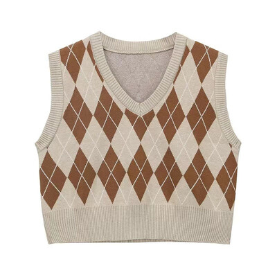 Retro Argyle mintás női pulóver mellény Harajuku őszi V nyakú Preppy ujjatlan pulóver, meleg All Match kötött növényi pulóver