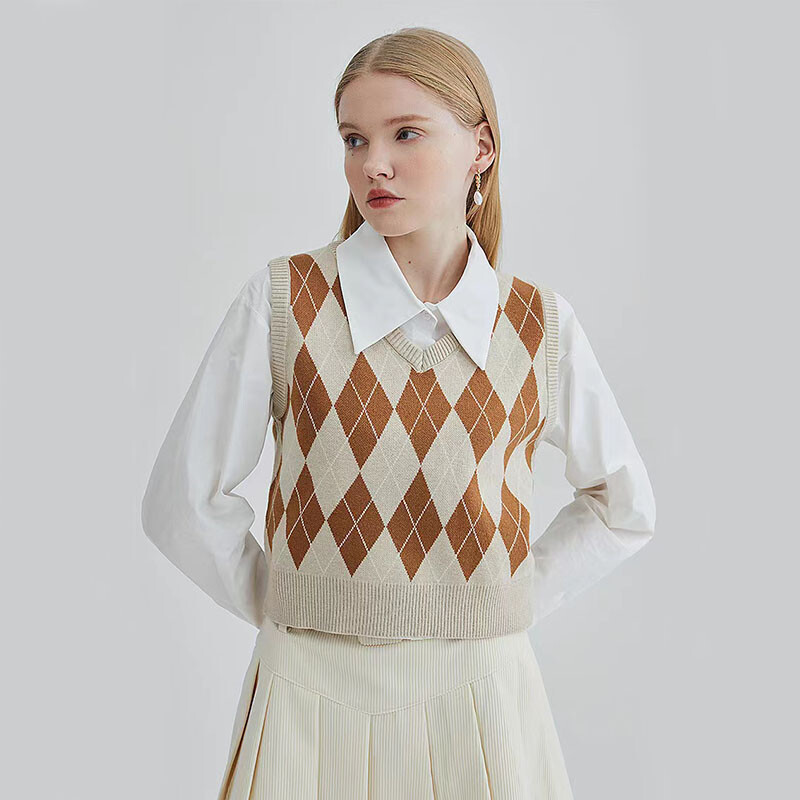 Retro Argyle mintás női pulóver mellény Harajuku őszi V nyakú Preppy ujjatlan pulóver, meleg All Match kötött növényi pulóver