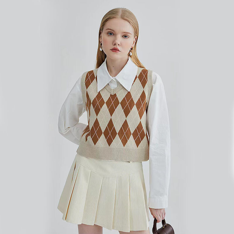 Retro Argyle mintás női pulóver mellény Harajuku őszi V nyakú Preppy ujjatlan pulóver, meleg All Match kötött növényi pulóver