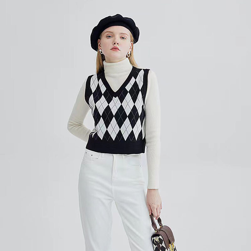 Retro Argyle mintás női pulóver mellény Harajuku őszi V nyakú Preppy ujjatlan pulóver, meleg All Match kötött növényi pulóver