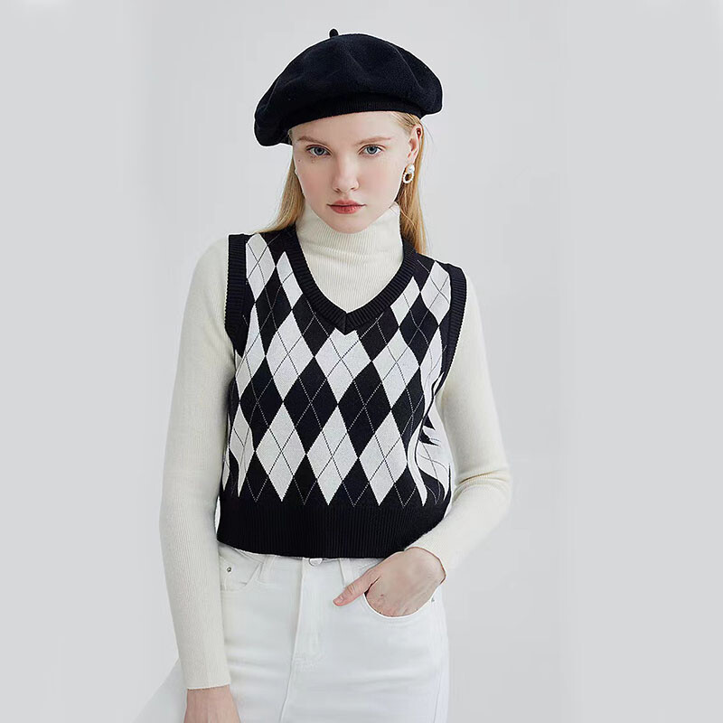Retro Argyle mintás női pulóver mellény Harajuku őszi V nyakú Preppy ujjatlan pulóver, meleg All Match kötött növényi pulóver