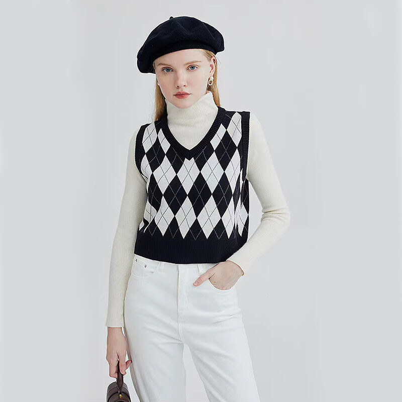 Retro Argyle mintás női pulóver mellény Harajuku őszi V nyakú Preppy ujjatlan pulóver, meleg All Match kötött növényi pulóver