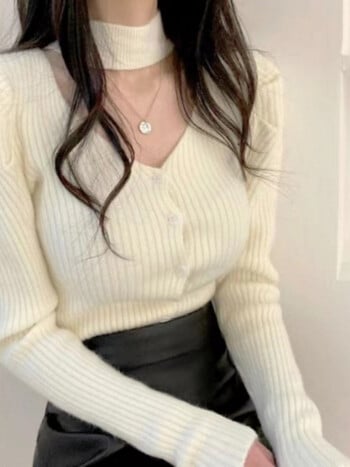 Едноредни елегантни пуловери Дамски джъмпер Y2k Halter Crop Tops Slim Casual Knit Корейска мода Pull Femme Top Sueter