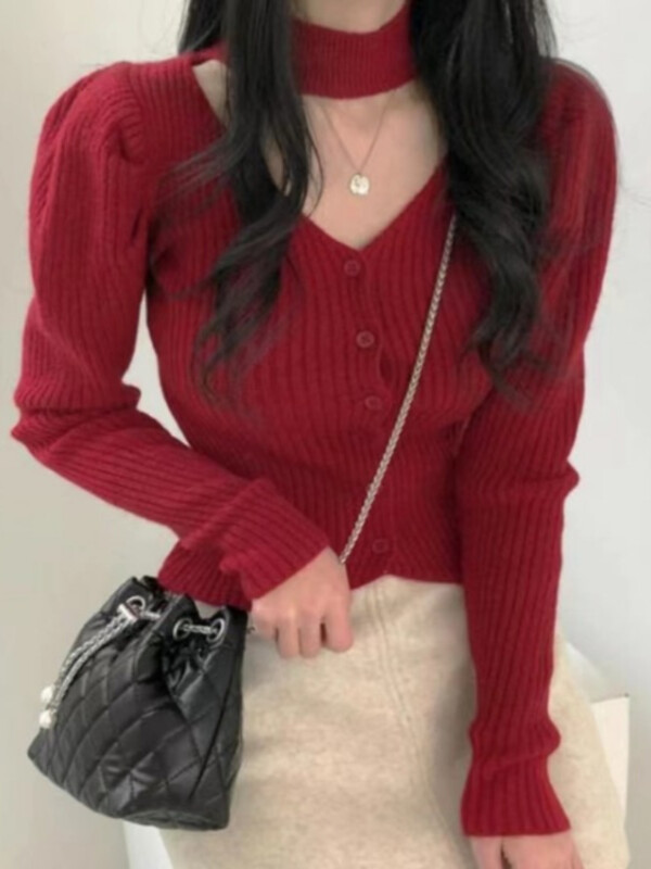 Elegantni džemperi s jednim kopčanjem Ženski džemperi Y2k halteri Uski ležerni pleteni korejski modni pull Femme top Sueter