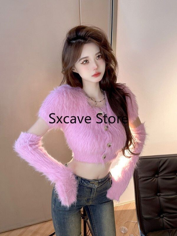 2023-as őszi Faux Fure kötött pulóver irodai női dizájn, hosszú ujjú, alkalmi Bodycon pulóver Y2k Crop felsők Női felsőruházat koreai