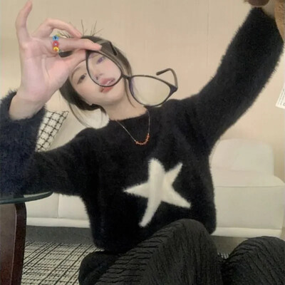 2023. gada Harajuku Star apgriezts džemperis Sieviešu retro lielizmēra trikotāžas džemperis korejiešu gadījuma eleganti džemperi, 2000. gadu apģērbi