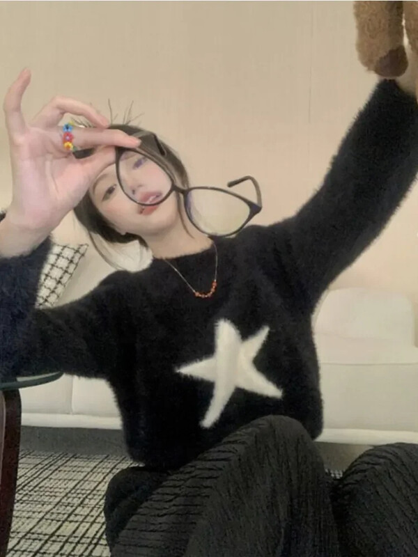 2023. gada Harajuku Star apgriezts džemperis Sieviešu retro lielizmēra trikotāžas džemperis korejiešu gadījuma eleganti džemperi, 2000. gadu apģērbi