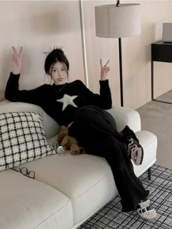 2023. gada Harajuku Star apgriezts džemperis Sieviešu retro lielizmēra trikotāžas džemperis korejiešu gadījuma eleganti džemperi, 2000. gadu apģērbi