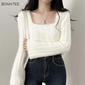 Skraćeni puloveri Ženski tanki pleteni seksi nježni unutarnji jesenski zimski pulover Chic četvrtastog ovratnika Ženski mekani Ulzzang