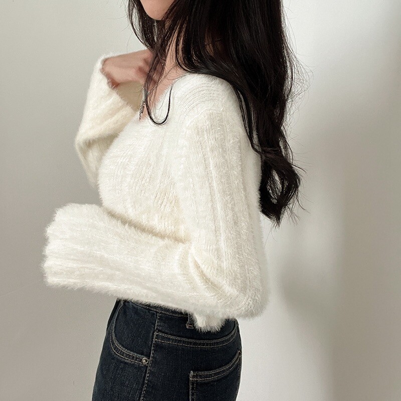 Skraćeni puloveri Ženski tanki pleteni seksi nježni unutarnji jesenski zimski pulover Chic četvrtastog ovratnika Ženski mekani Ulzzang