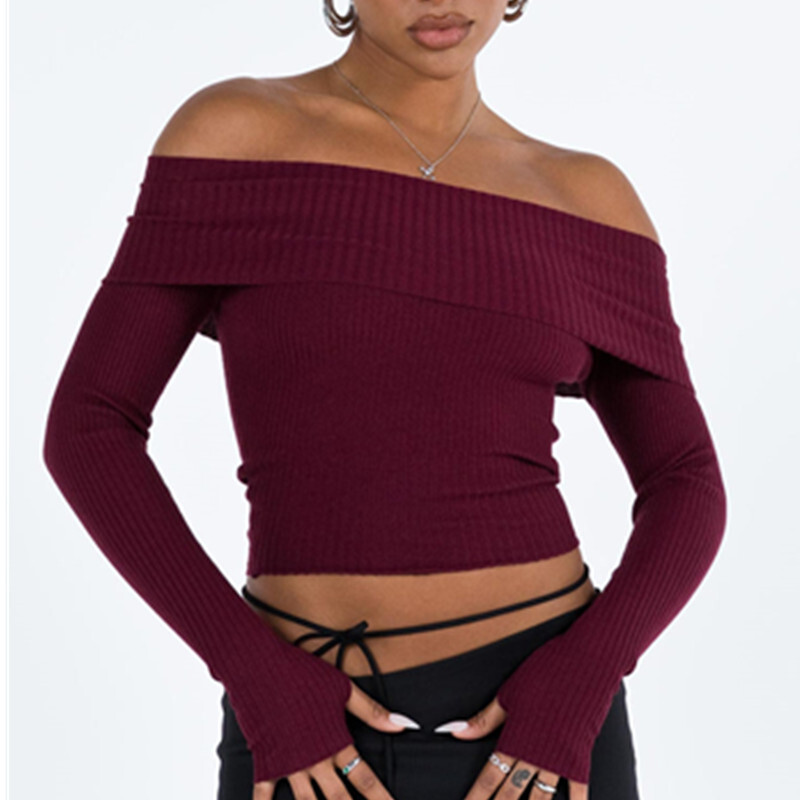 Moteriški seksualūs, nukirpti viršūnės, ištisos valties kaklo rudens pavasario Y2k viršutinė laisvalaikio megztinė moteriška ilgomis rankovėmis stora trikotažas