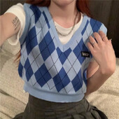 Novi Argyle pulover s V-izrezom Skraćeni džemper i prsluk Harajuku ulični pleteni džemper bez rukava Jednostavni korejski široki džemper s prslukom