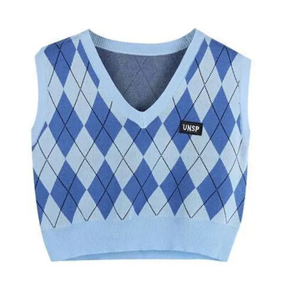 Novi Argyle pulover s V-izrezom Skraćeni džemper i prsluk Harajuku ulični pleteni džemper bez rukava Jednostavni korejski široki džemper s prslukom