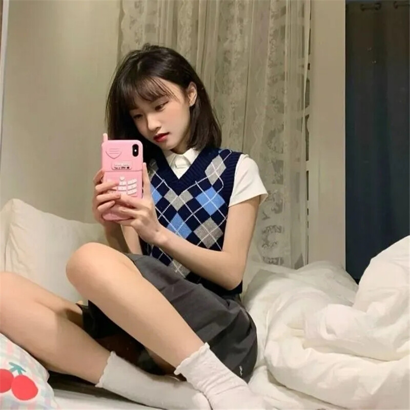 Novi Argyle pulover s V-izrezom Skraćeni džemper i prsluk Harajuku ulični pleteni džemper bez rukava Jednostavni korejski široki džemper s prslukom