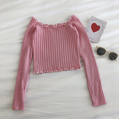 Ruched Slash Collar Džemperis Pulovers Meiteņu seksīgi no pleciem adīti džemperi Sieviešu apgriezti topi pavasara rudens