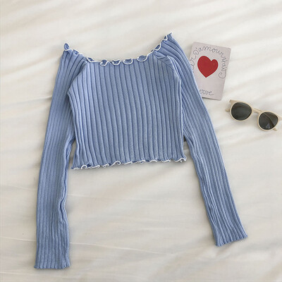 Ruched Slash Collar Džemperis Pulovers Meiteņu seksīgi no pleciem adīti džemperi Sieviešu apgriezti topi pavasara rudens