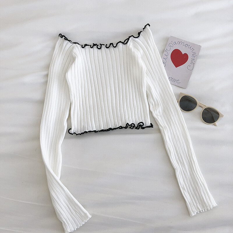 Ruched Slash Collar Džemperis Pulovers Meiteņu seksīgi no pleciem adīti džemperi Sieviešu apgriezti topi pavasara rudens