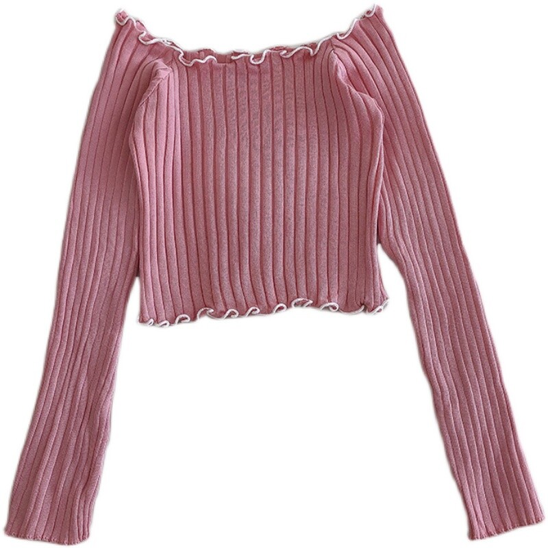 Ruched Slash Collar Džemperis Pulovers Meiteņu seksīgi no pleciem adīti džemperi Sieviešu apgriezti topi pavasara rudens