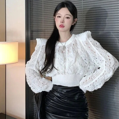 Elegants trikotāžas džemperis sievietēm ar dobām garām piedurknēm, šaurām piedurknēm, elegants, o veida kakla izgriezuma džemperis, vintage ciets, savīti Harajuku apgriezti džemperi