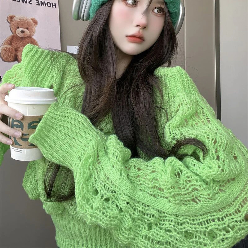 Elegants trikotāžas džemperis sievietēm ar dobām garām piedurknēm, šaurām piedurknēm, elegants, o veida kakla izgriezuma džemperis, vintage ciets, savīti Harajuku apgriezti džemperi