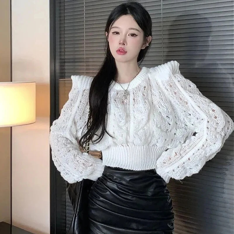 Elegants trikotāžas džemperis sievietēm ar dobām garām piedurknēm, šaurām piedurknēm, elegants, o veida kakla izgriezuma džemperis, vintage ciets, savīti Harajuku apgriezti džemperi