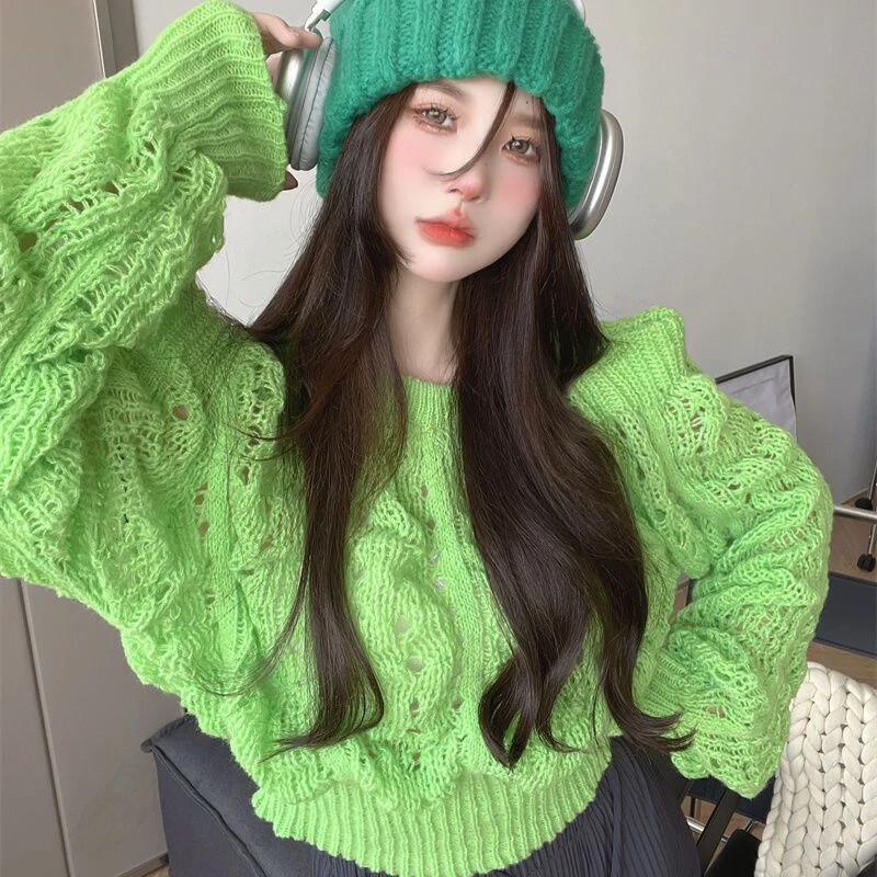 Elegants trikotāžas džemperis sievietēm ar dobām garām piedurknēm, šaurām piedurknēm, elegants, o veida kakla izgriezuma džemperis, vintage ciets, savīti Harajuku apgriezti džemperi