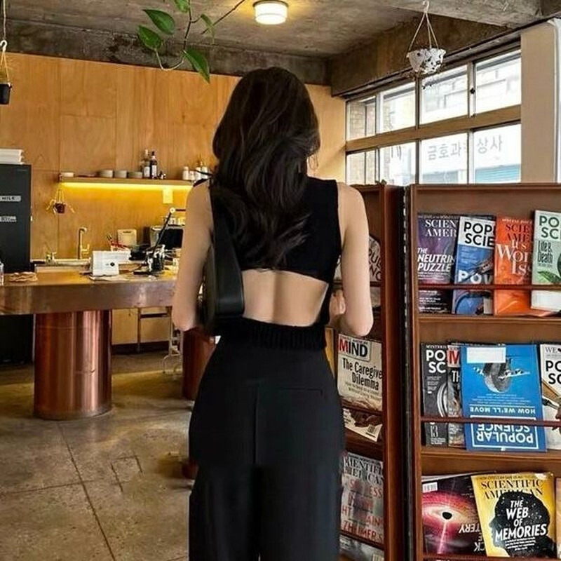 Pulover veste femei fără spate, sexy, stil club de vară, coreeană, solidă, elastică, ocazională, subțire, crop simplă, tricotat confortabil