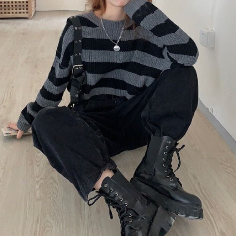 Γυναικείο πουλόβερ σε νέο κορεατικό στυλ, vintage πλεκτό υπερμεγέθη, γυναικείο φθινοπωρινό μακρυμάνικο πουλόβερ με λαιμόκοψη