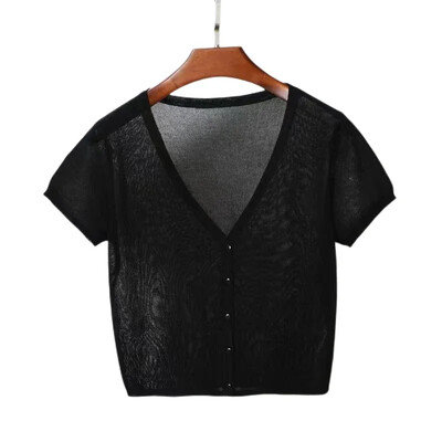 Pleteni ženski pulover kratkih rukava, pulover s V izrezom, jednoredno kopčanje Ženska labava, tanka odjeća Ljeto Pull Femme