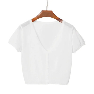 Pleteni ženski pulover kratkih rukava, pulover s V izrezom, jednoredno kopčanje Ženska labava, tanka odjeća Ljeto Pull Femme