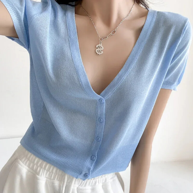 Pleteni ženski pulover kratkih rukava, pulover s V izrezom, jednoredno kopčanje Ženska labava, tanka odjeća Ljeto Pull Femme