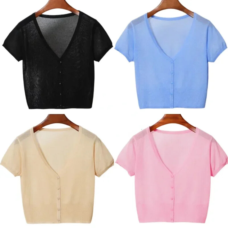 Pleteni ženski pulover kratkih rukava, pulover s V izrezom, jednoredno kopčanje Ženska labava, tanka odjeća Ljeto Pull Femme