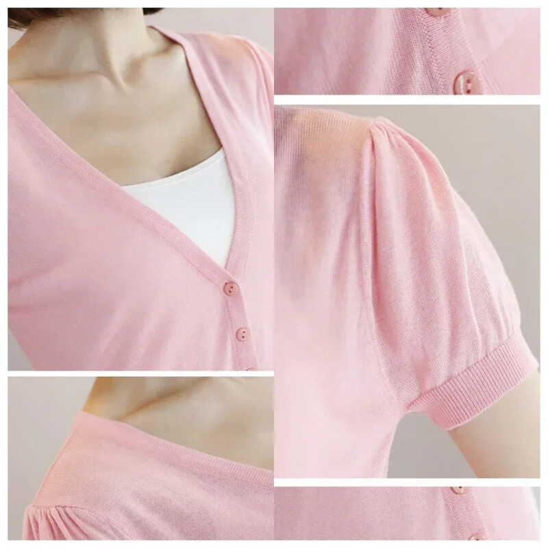 Pleteni ženski pulover kratkih rukava, pulover s V izrezom, jednoredno kopčanje Ženska labava, tanka odjeća Ljeto Pull Femme