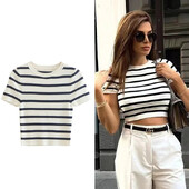 UETEEY női divatos csíkos alap vágott kötött pulóver Vintage O nyakú rövid ujjú női pulóverek elegáns felsők