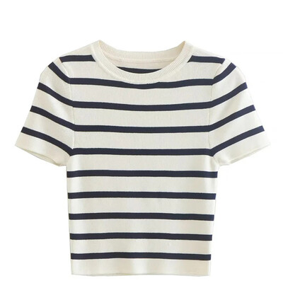 UETEEY női divatos csíkos alap vágott kötött pulóver Vintage O nyakú rövid ujjú női pulóverek elegáns felsők