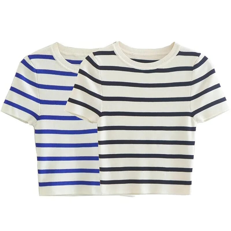 UETEEY női divatos csíkos alap vágott kötött pulóver Vintage O nyakú rövid ujjú női pulóverek elegáns felsők