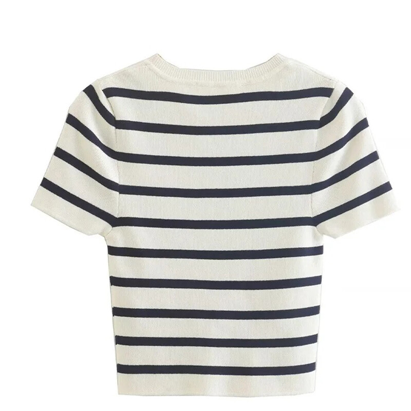 UETEEY női divatos csíkos alap vágott kötött pulóver Vintage O nyakú rövid ujjú női pulóverek elegáns felsők