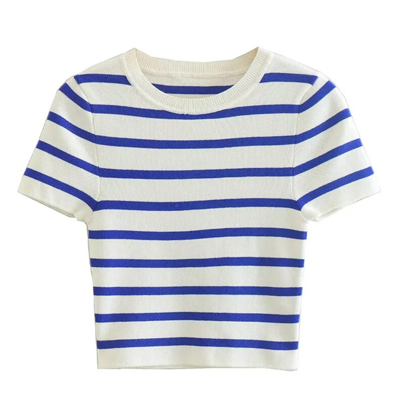 UETEEY női divatos csíkos alap vágott kötött pulóver Vintage O nyakú rövid ujjú női pulóverek elegáns felsők