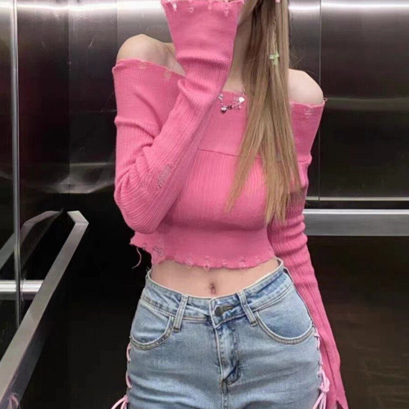 Női váll nélküli kötöttáru, egyszínű bordás csónak nyakú, hosszú ujjú show köldök vágott felsők könnyű pulóver