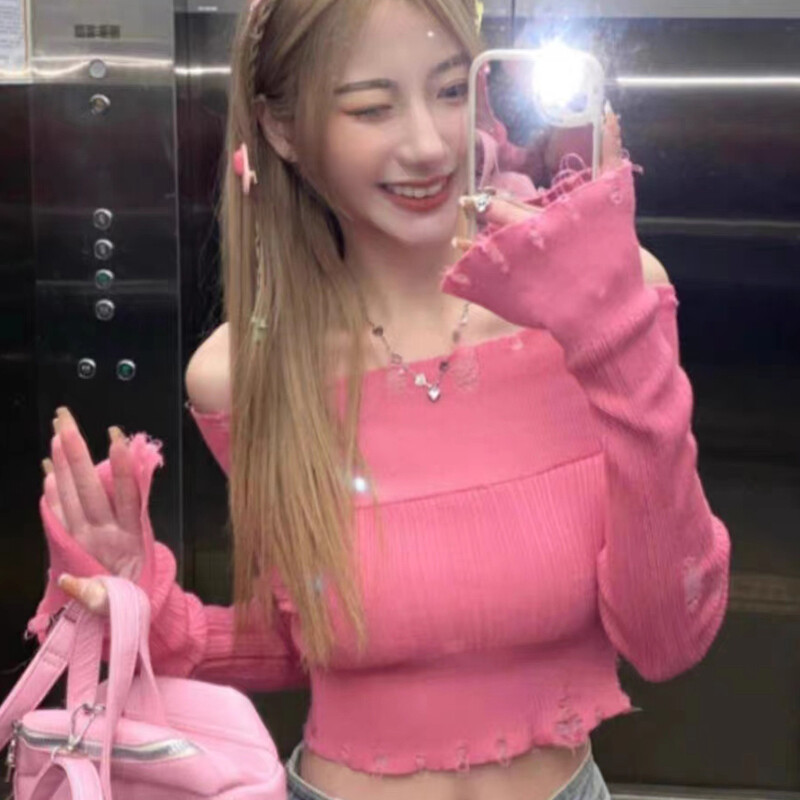 Női váll nélküli kötöttáru, egyszínű bordás csónak nyakú, hosszú ujjú show köldök vágott felsők könnyű pulóver