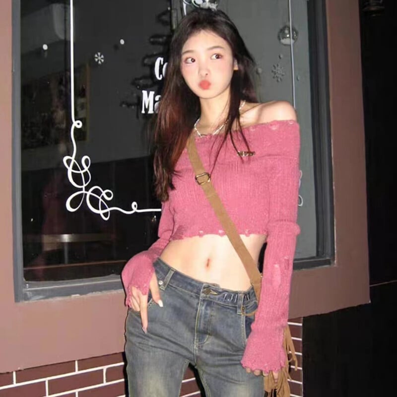 Női váll nélküli kötöttáru, egyszínű bordás csónak nyakú, hosszú ujjú show köldök vágott felsők könnyű pulóver