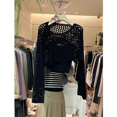 Pointelle Knit Crop džemperis Caurspīdīgi džemperi ar garām piedurknēm sievietēm Pusaudžu Pavasara Vasaras Cover Up 90. gadu Y2K apģērbs