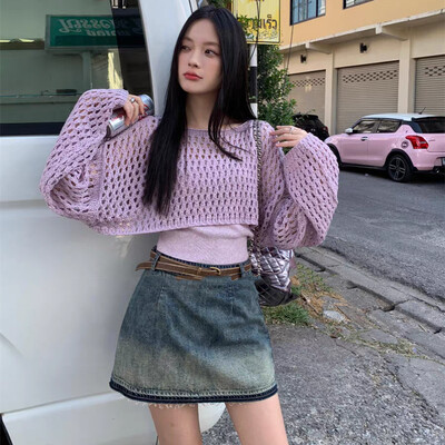 Pointelle Knit Crop džemperis Caurspīdīgi džemperi ar garām piedurknēm sievietēm Pusaudžu Pavasara Vasaras Cover Up 90. gadu Y2K apģērbs