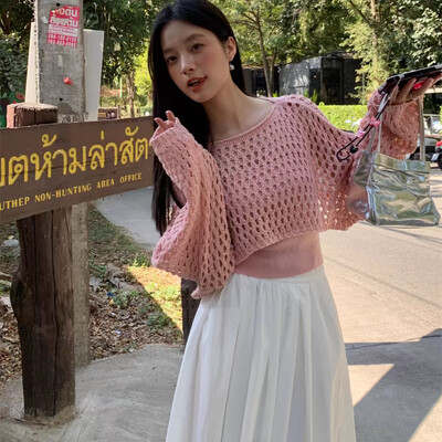 Pointelle Knit Crop džemperis Caurspīdīgi džemperi ar garām piedurknēm sievietēm Pusaudžu Pavasara Vasaras Cover Up 90. gadu Y2K apģērbs